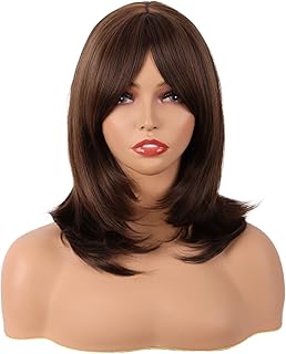MapofBeauty 18 Inch/45 cm Layered Bangs Straight Synthetic Fiber Shoulder Length Hair Daily Use Wig (Brown)