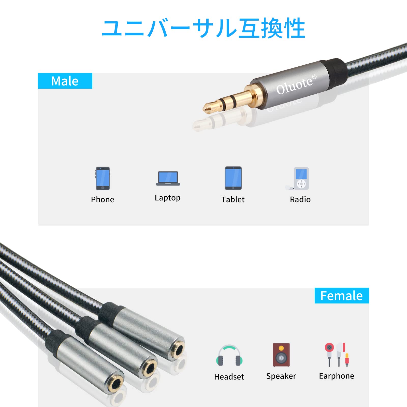 Amazon | Oluote 3.5 mm（1/8インチ）オスから3Xメスステレオ