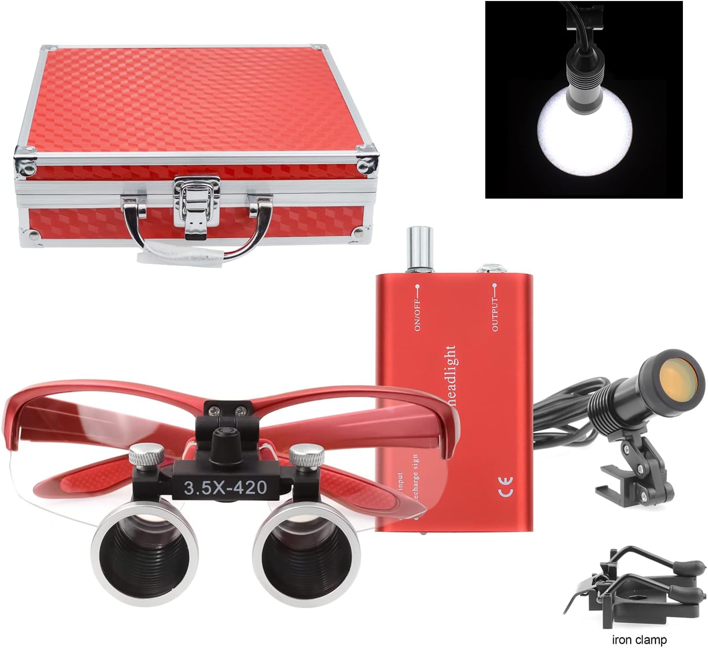 DY-009 LED Headlamp with 3.5X Magnifier 5+ Hours Runtime & Aluminum Box Color Red