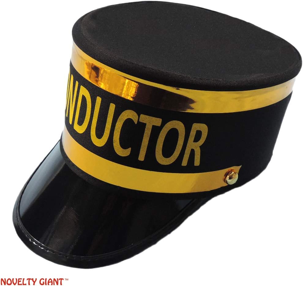 NOVELTY GIANT WWW.NOVELTYGIANT.COM Black Engineer Train Conductor Hat Cap with Gold Lettering and Trim