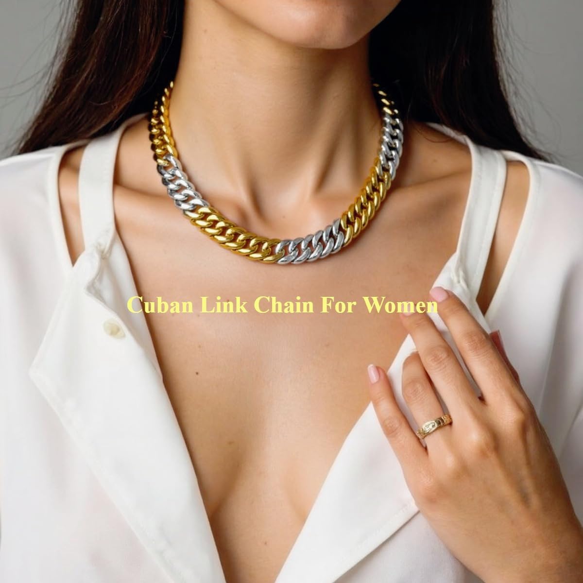 Mixed Metal Necklace for Women 18K Gold Plated Two Tone Silver and Gold Cuban Link Chain 9mm Thick Chunky Gold Chain Necklace 23.62 Inch Unisex Jewelry Gift Idea - Image 3