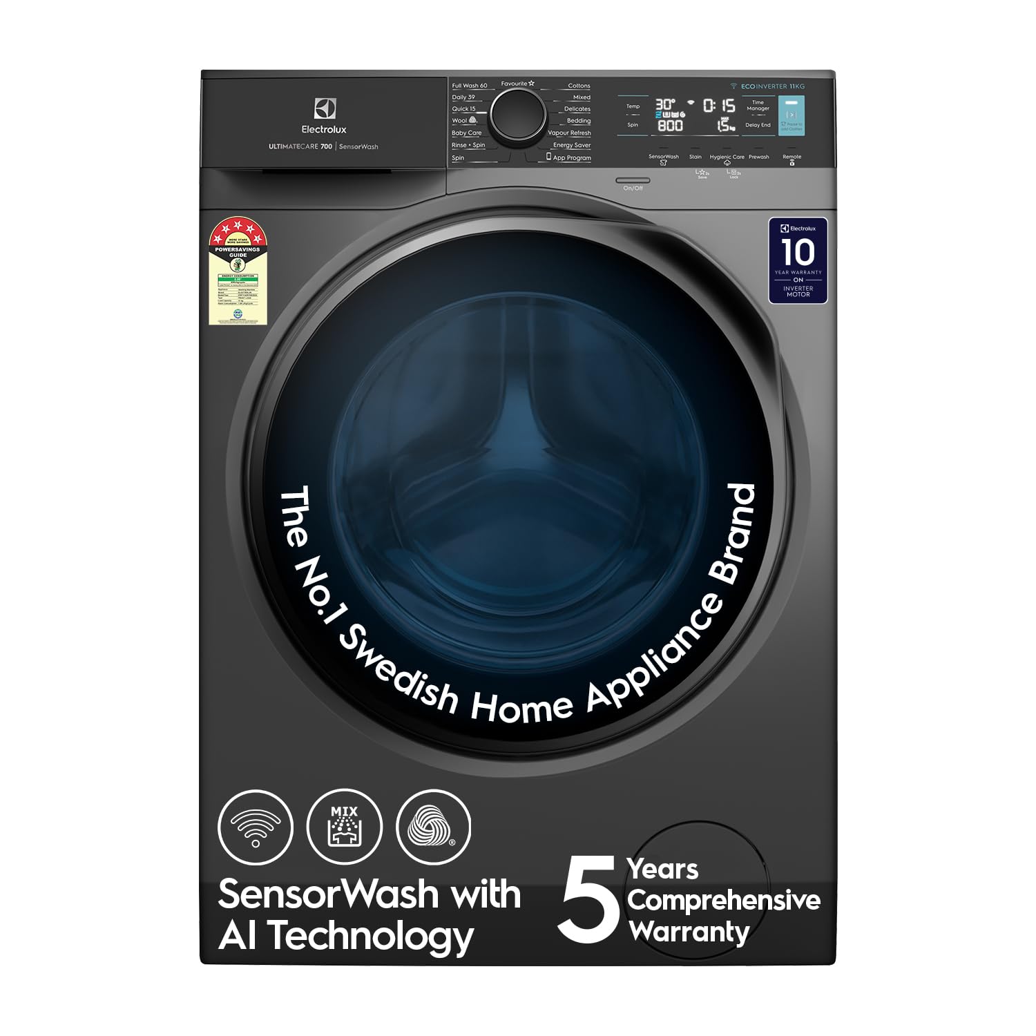 - Electrolux 11kg 5 Star Front Load Washing Machine, 5 Year Warranty, AI SensorWash, WiFi, Full Load Vapour Wash, Hygienic Care, Woolmark, EcoInverter Motor, UltimateCare 700, EWF1142R7SB, Dark Silver