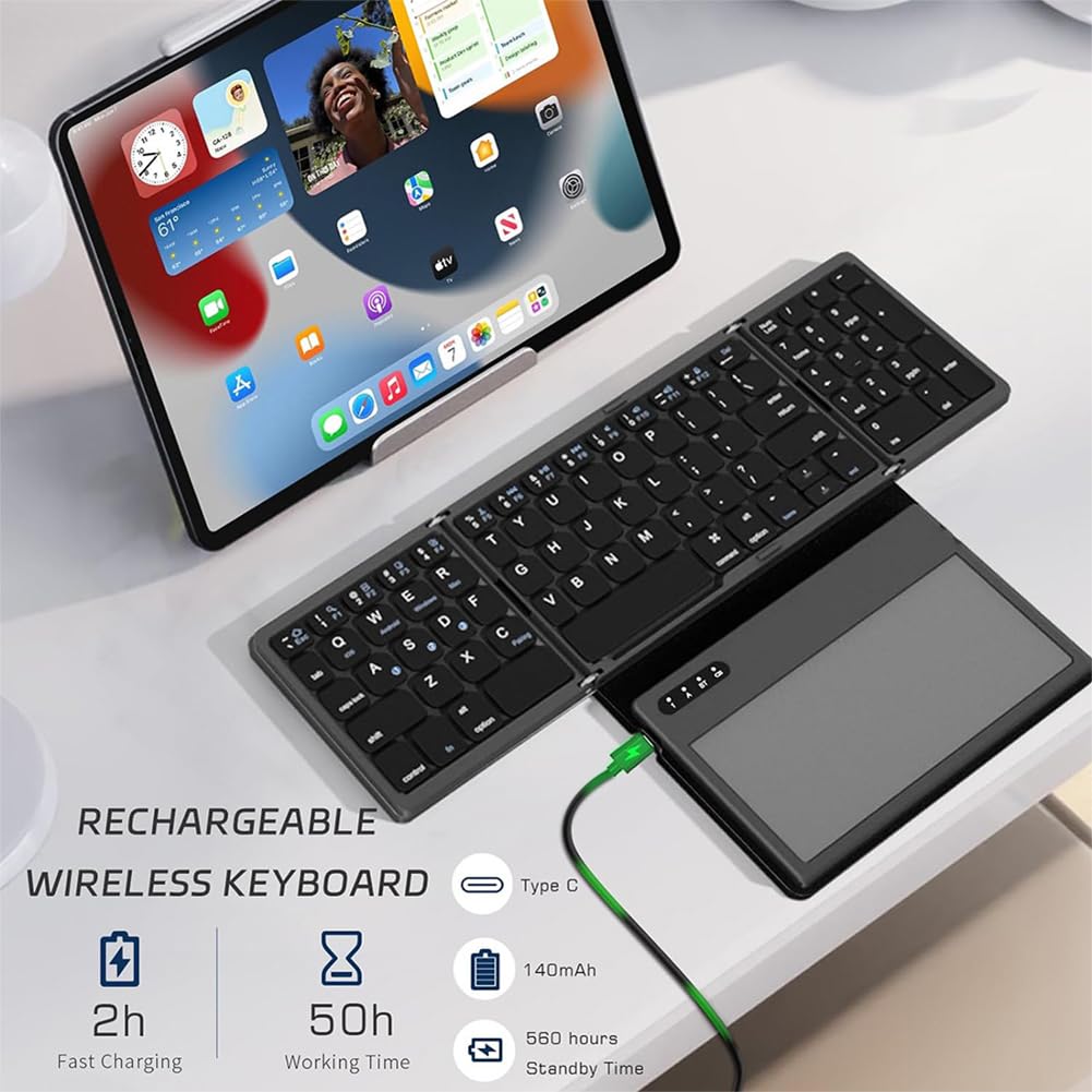 Tastiera Bluetooth Pieghevole, Mini Tastiera Portatile Tascabile con Ampio Touchpad for Android/IOS/OS/Win/HMS, Tastiera Pieghevole Wireless Quadrupla Tastiera Ultra Sottile