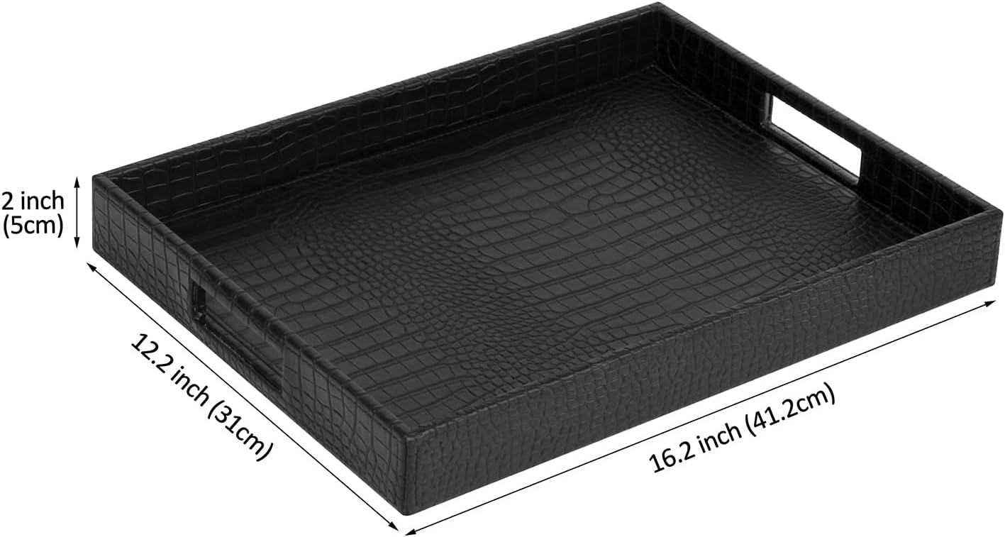 HofferRuffer Rectangle Serving Tray with Hole Handles for Coffee Table, Breakfast, Tea, Food, Butler - Countertop, Kitchen, Vanity Serve Tray, 16.2 x 12.2 x 2 inches, Faux Leather (Black Croco) - Image 2