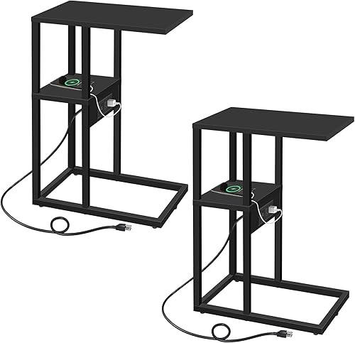 TUTOTAK Mesa auxiliar en forma de C con estación de carga, juego de 2, mesa auxiliar con 2 puertos USB y tomacorrientes, mesa de aperitivos para