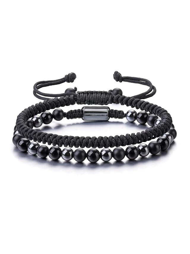 PESOENTH Mens Black Beaded bracelets for Men 6mm Obsidian Hematitie Black Onyx Natural Stone Healing Crystal Beads Braided