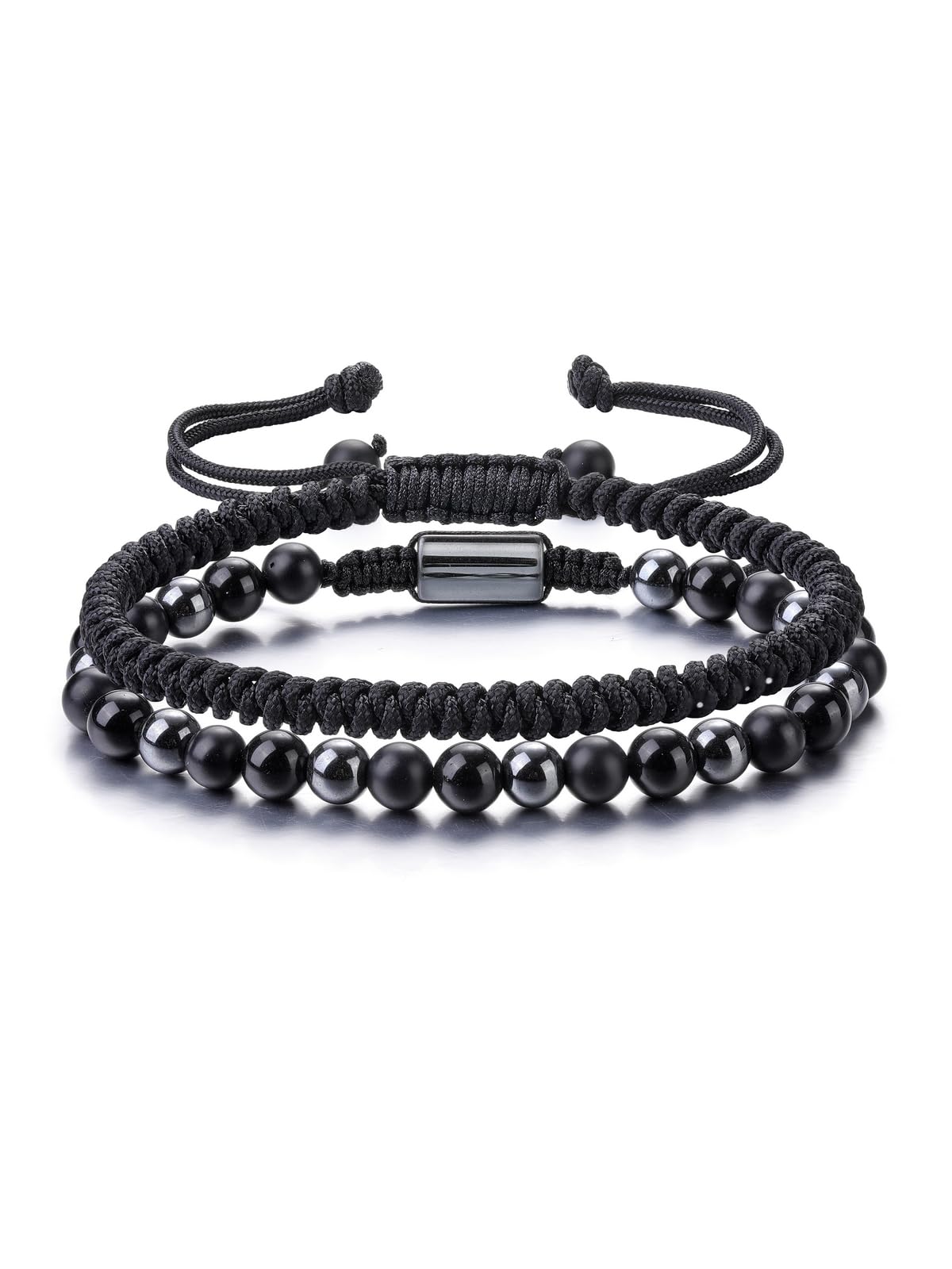 PESOENTH Mens Black Beaded bracelets for Men 6mm Obsidian Hematitie Black Onyx Natural Stone Healing Crystal Beads Braided