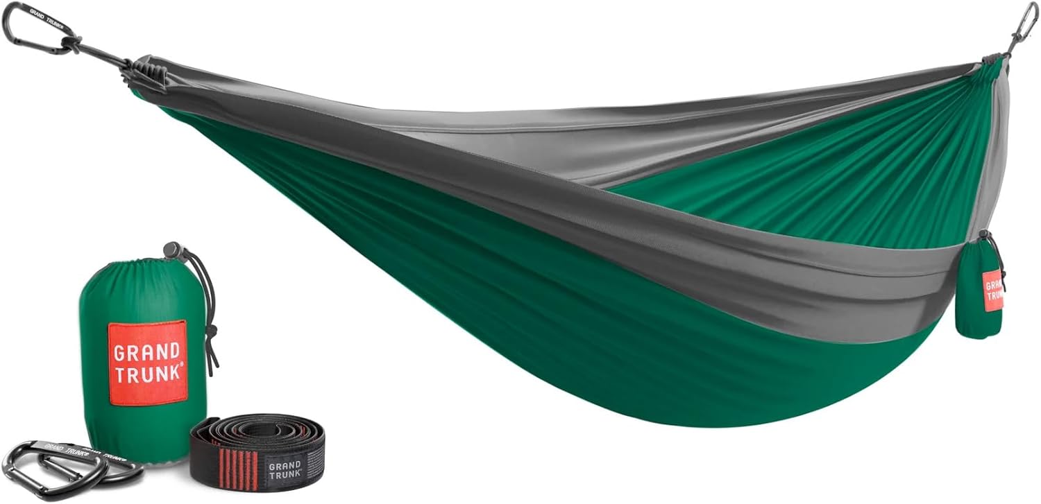 GRAND TRUNK Double Deluxe Hammock | Ultra-Strong & Lightweight | 11 ft Hammock with Ripstop Nylon | 500 lb Capacity | Fast-Drying & Weather-Resistant | Green/Charcoal