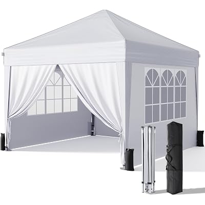 Driftalia 10x10 Pop Up Canopy with Sidewalls, Outdoor Instant Canopy Tent with Carry Bag for Commercial Events, Camping, Backyard Parties - White