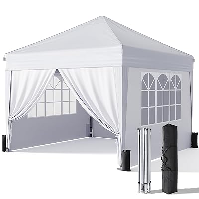 10x10 Pop Up Canopy with Sidewalls, Outdoor Instant Canopy Tent with Carry Bag for Commercial Events, Camping, Backyard Parties - White