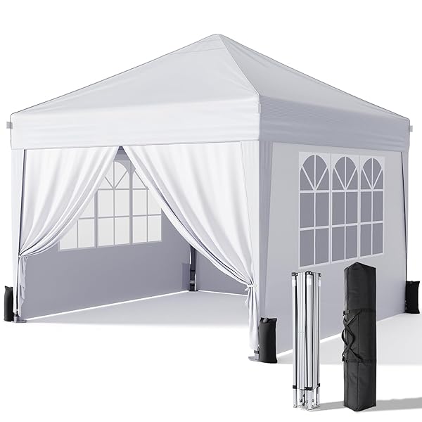 10x10 Pop Up Canopy with Sidewalls, Outdoor Instant Canopy Tent with Carry Bag for Commercial Events, Camping, Backyard Parties - White