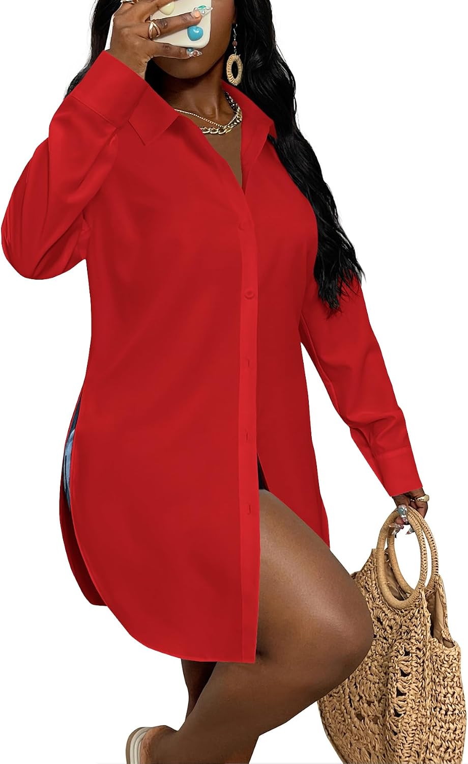 LYANER Women's Collar Neck Long Sleeve Button Down Shirts Sexy Split Hem Tops Long Blouse Shirt Dress