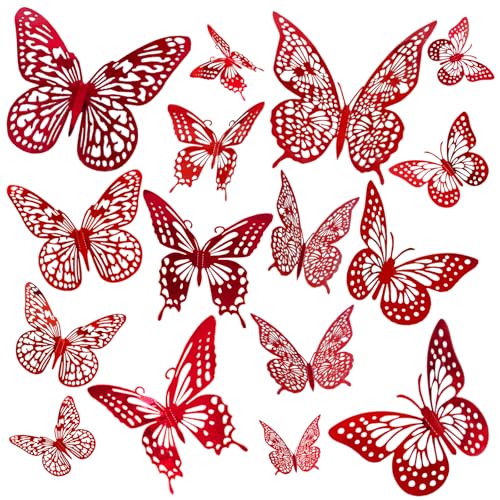 JOSDIOX 3D Red Butterfly Wall Stickers - 48 Pcs with 4 Styles & 3 Sizes, Removable Decor for Party Birthday Wedding Balloon Decoration (48 Red)