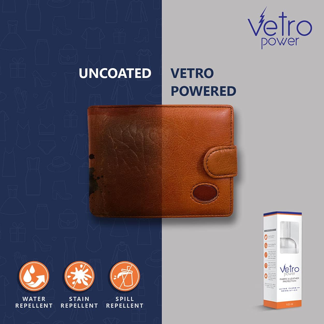 Vetro Power Fabric & Leather Upholstery Protector Spray 3.38 fl oz (100ml) Invisible Liquid Water Stain Spills Protection for Furniture Sofas Couches Chairs Pillows