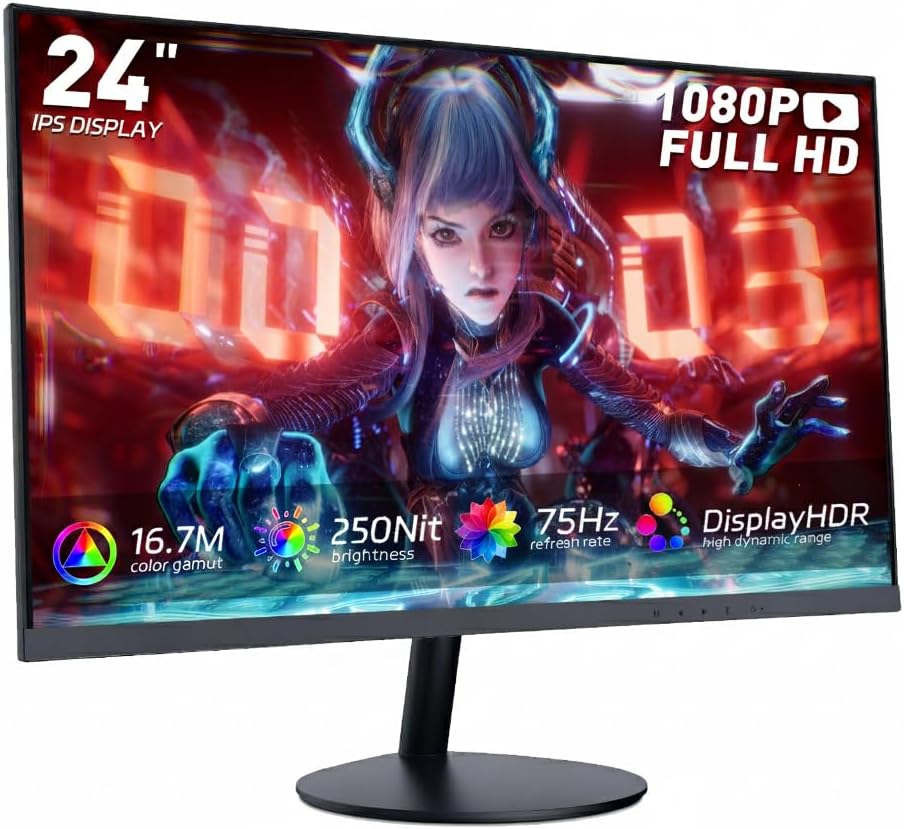 Monitor para juegos FHD 1080P de 24 pulgadas: 75 Hz, 3 ms, FreeSync, desenfoque de movimiento bajo, pantalla ultradelgada sin marco, entradas HDMI/DP, montaje VESA, ideal para computadora portátil y de escritorio