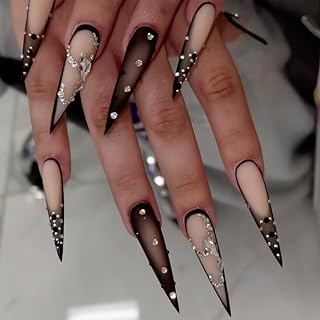 Brown Luxury Press On Nails - Long Stiletto Pointed Fake Nails with French Tips, Rhinestones, Sharp Goth Black Ombre Acrylic Designs, Glossy Glue On Nails for Women - 24Pcs