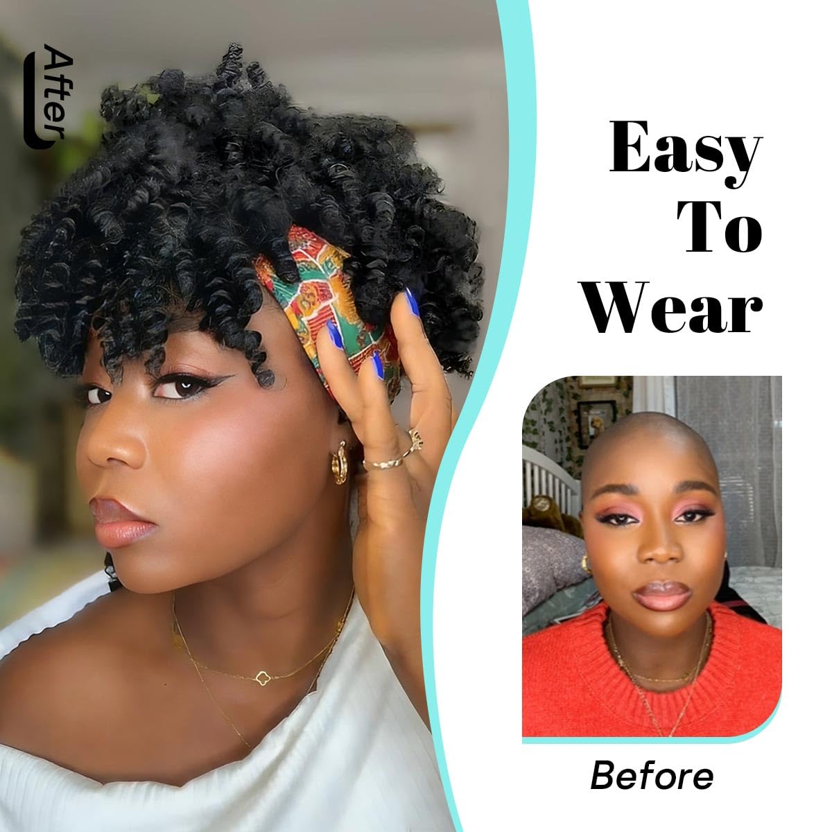 Afro Kinky Headband Wig with Bangs, 2 in 1 Head-Wrap Afro Puff Wig Short Synthetic Curly Bang Half Wigs for Women Black