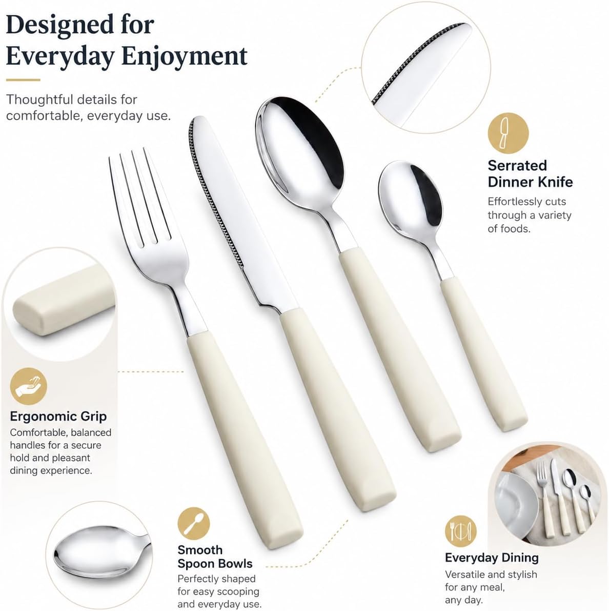 EXZACT 16 pcs Flatware Set Stainless Steel Wide Handles Serves 4 Cream image 5
