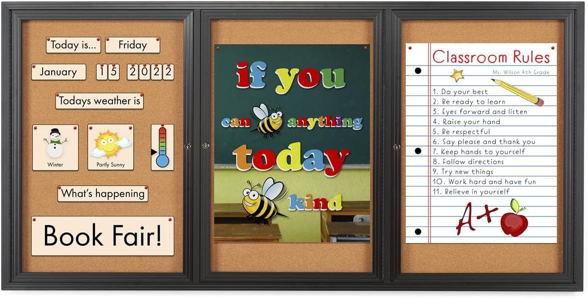 Displays2go 72 x 36 Lockable Bulletin Board with Three Doors, Corkboard Interior - Black (CBSW7236BK)