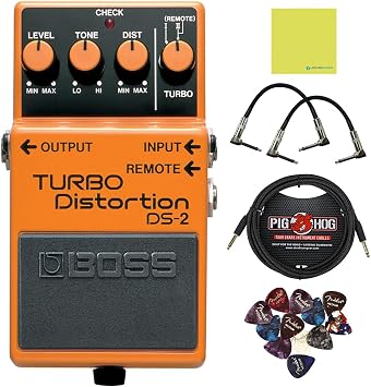 Boss DS-2 Bundle, Turbo Distortion Pedal with 2-Pack Woven Right Angle