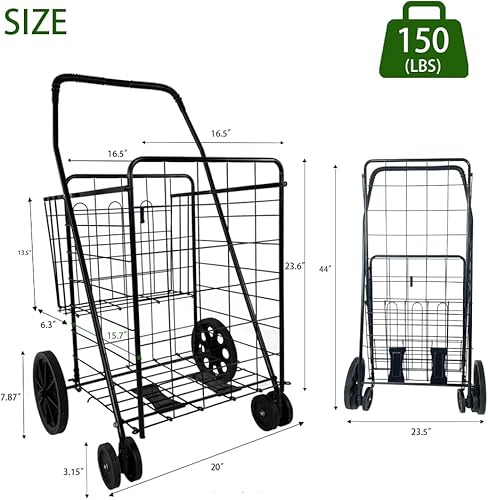 Miniatura 2 de Roll-Motion - Carrito de compras plegable, carrito de comestibles resistente con ruedas de 360 grados y ruedas grandes, carrito rodante versátil con