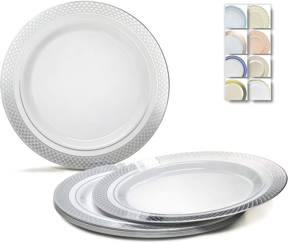 " OCCASIONS " 120 Plates Pack, Heavyweight Disposable Wedding Party Plastic Plates (7.5'' Appetizer/Dessert Plate, Celebration in White & Silver)