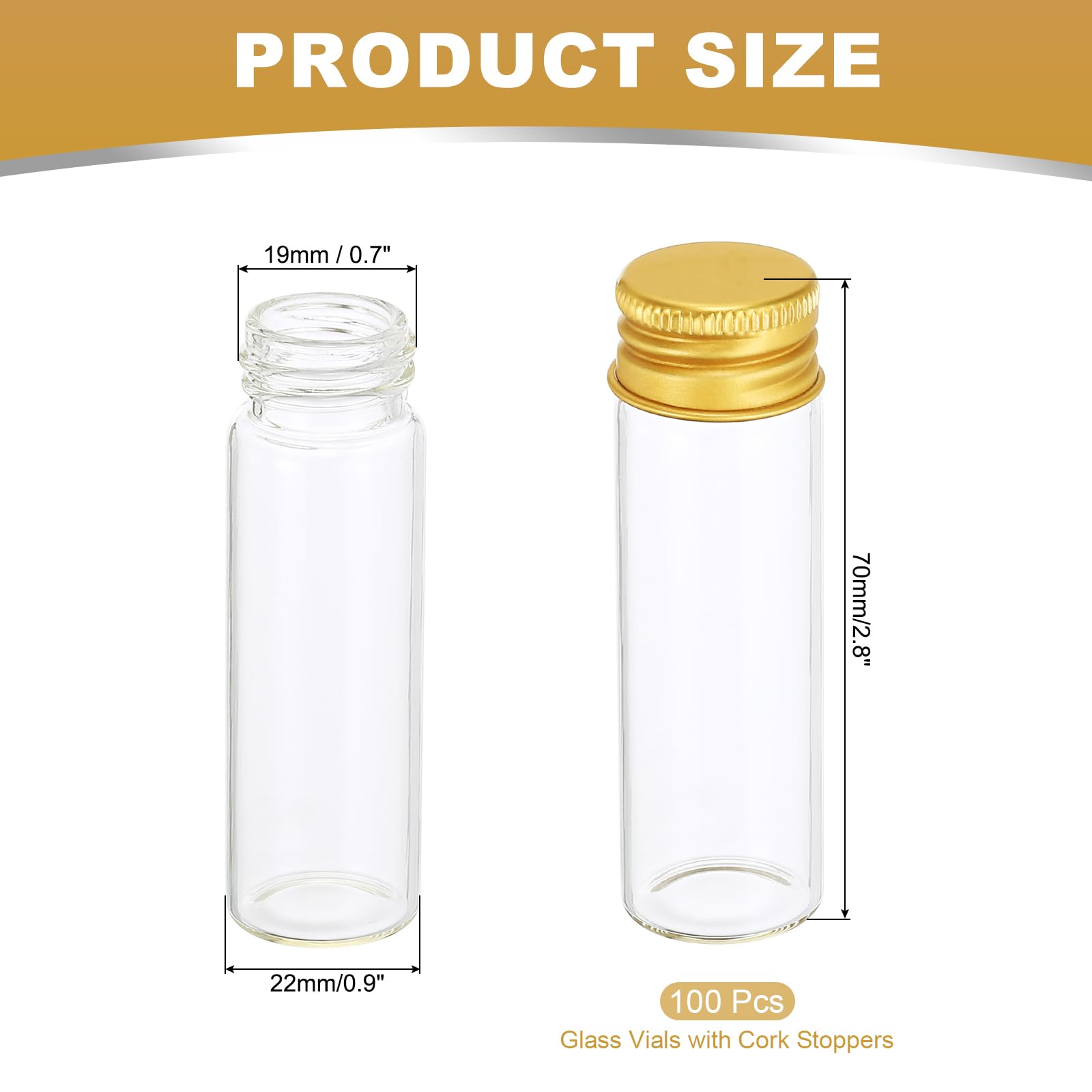 PATIKIL 100 Stück Kleine Gläser mit Deckel, 15ml Winzige Glasflaschen Probenfläschchen mit Aluminium Schraubverschluss22*70 mm Mini Glasgefäße Reagenzgläser Aus Glas Für Flüss, Gold