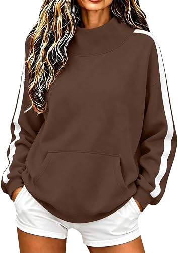 Coal2ToalPW Womens Mock Neck Sweatshirt Striped Sleeve Pullover Top Brown