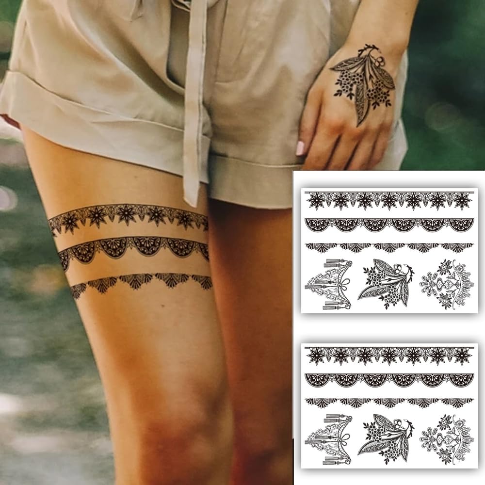 S.A.V.I 2 Sheets - Black Henna Mehndi Temporary Tattoo Stickers - Star, Flower, Chandelier Designs, 21x15 cm
