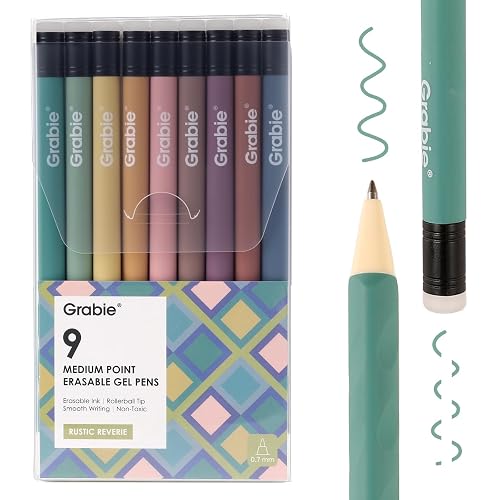 Grabie Erasable Gel Pens, 9 Colors Erasable Pens Multicolor, Make Mistakes Disappear, 0.6mm Medium Point Rollerball Tip Colored Pens for Drawing Writing Planner, Smooth Writing(Rustic Reverie)