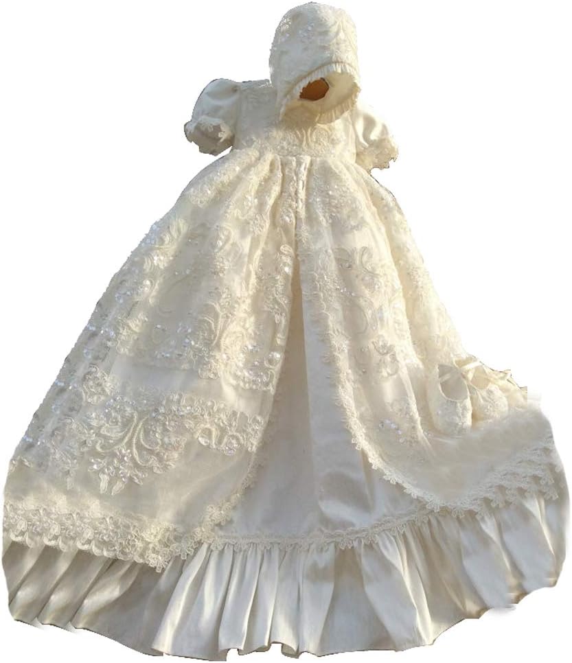 Fenghuavip Stylish Short Sleeve Long Infant Christening Gowns for Baby Girls