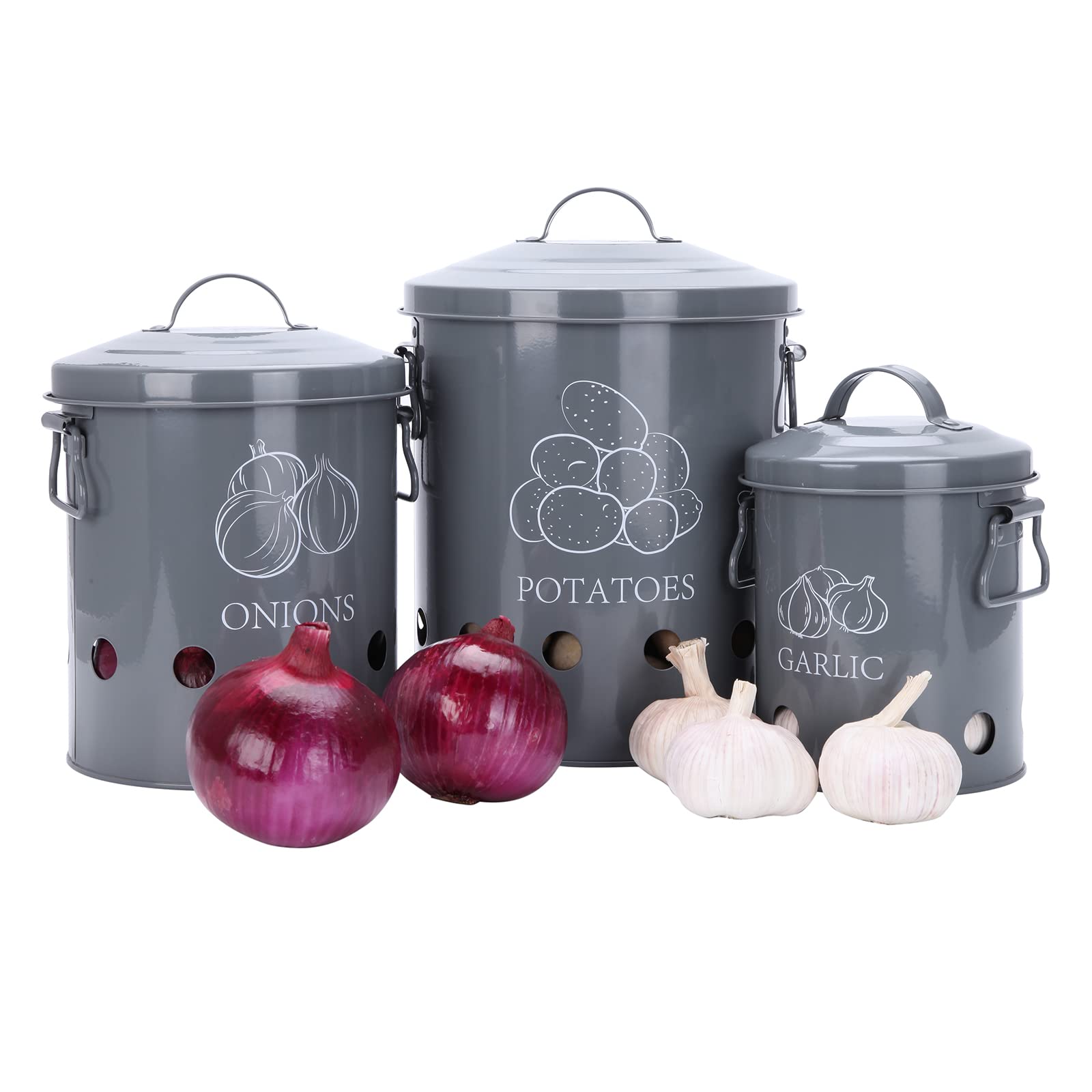 G.a HOMEFAVOR Set of 3 Antique Cream Vintage Potato Onion Kitchen Storage Canisters Jars Pots Containers 3 Pack Set, Potatoe, Garlic Bin Caddy, With Aerating Tin Storage Holes & Metal Lid, Grey