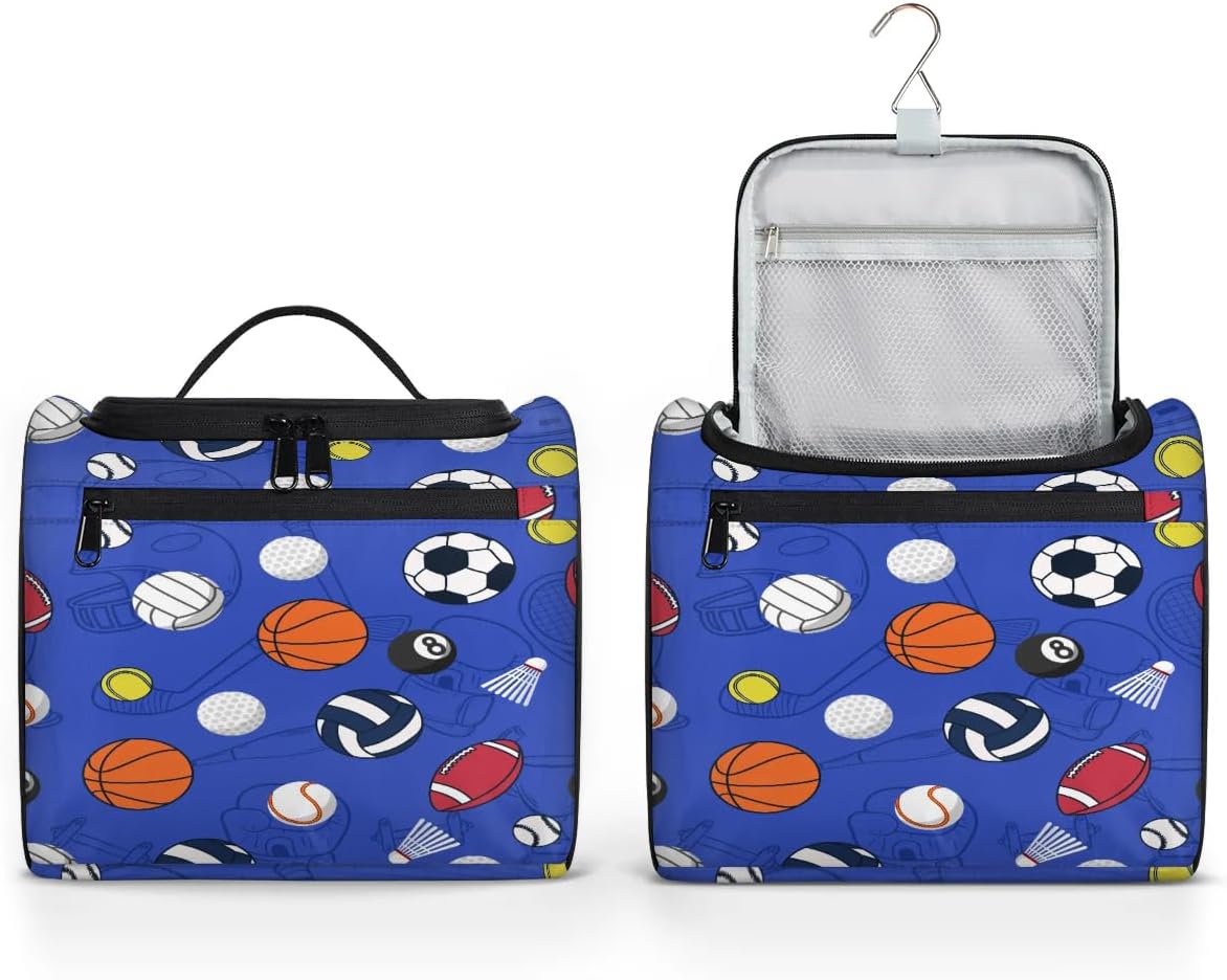 Hanging Travel Toiletry Bag for Women Men Makeup Bag Organizer Blue Cute Sport Soccer Ball Basketball Baseball Large Cosmetic Bag Waterproof Dopp Kit Travel Bag for Toiletries Accessories Essentials