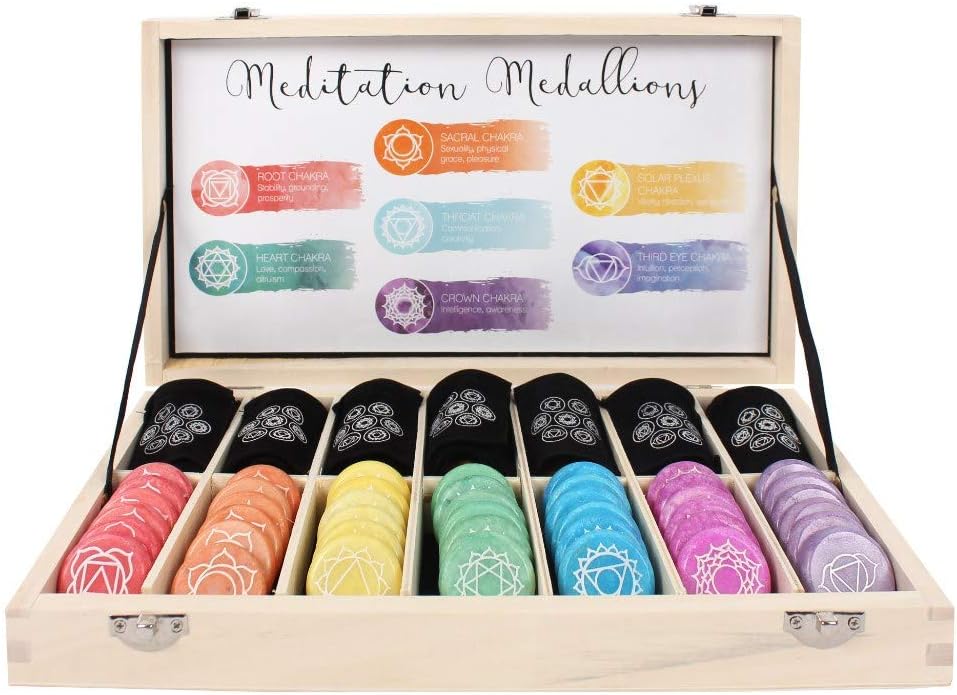 Pacific Giftware 7 Chakra Meditation Stones - 42 Pieces Set with Pouches and Display Case