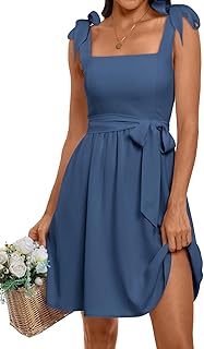 Women's Sleeveless Tie Strap Mini Dress Summer Square Neck Smocked A Line Swing Elegant Cute Cocktail Short Dresses