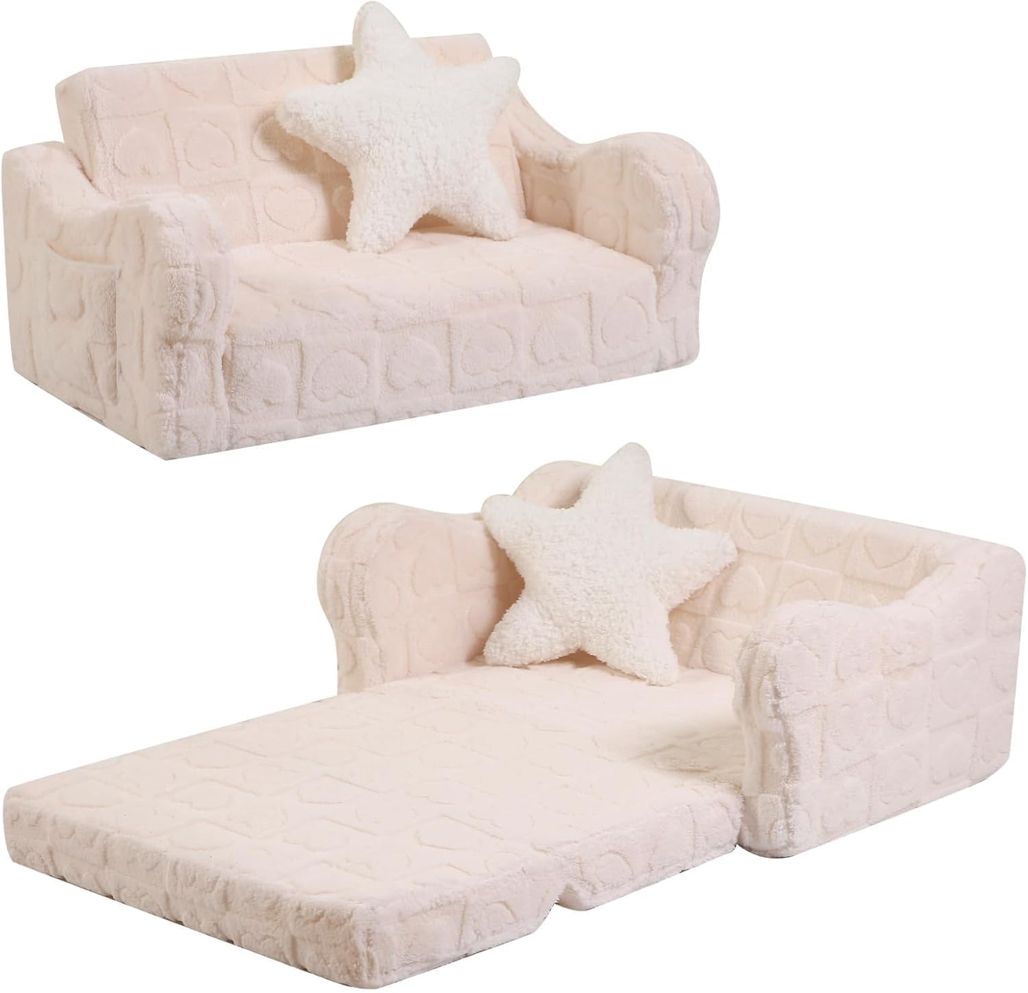 MOMCAYWEX Toddler Couch, 2-in-1 Kids Soft Couch Fold Out with Star Pillow, Foldable Sofa to Lounger, Large, Cream Heart