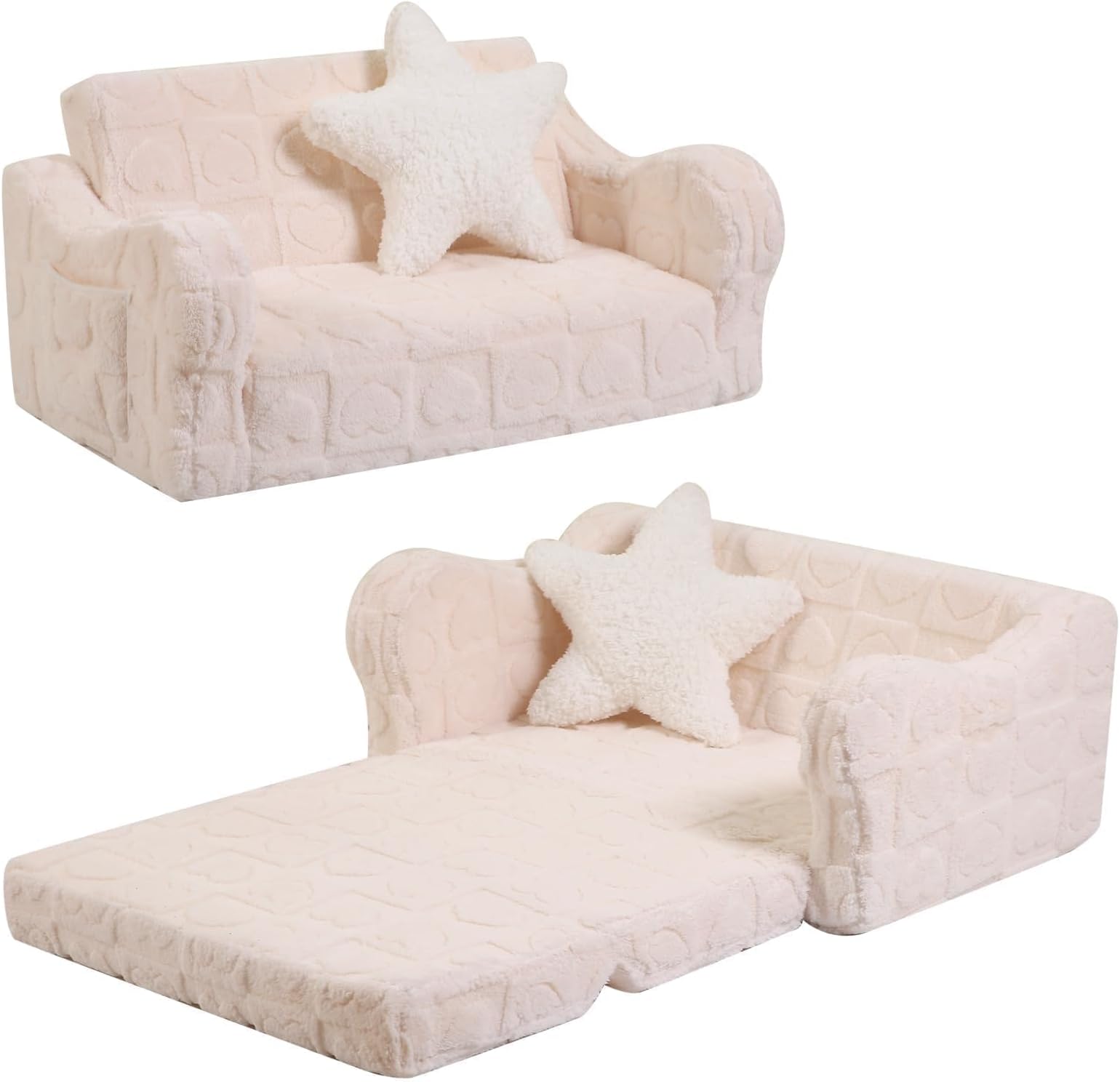Extra Wider Seating Toddler Couch, 2-in-1 Toddler Soft Couch Fold Out with Star Pillow, Convertible Sofa to Lounger for Girls and Boys, Cream Heart