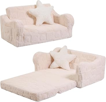 MOMCAYWEX Toddler Couch, 2-in-1 Kids Soft Couch Fold Out with Star Pillow, Foldable Sofa to Lounger, Large, Cream Heart