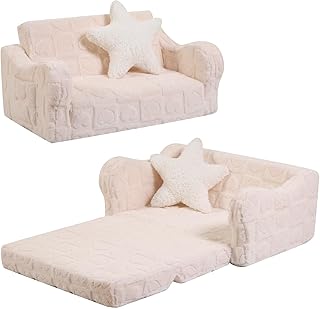 Toddler Couch, 2-in-1 Kids Soft Couch Fold Out with Star Pillow, Foldable Sofa to Lounger, Large, Cream Heart