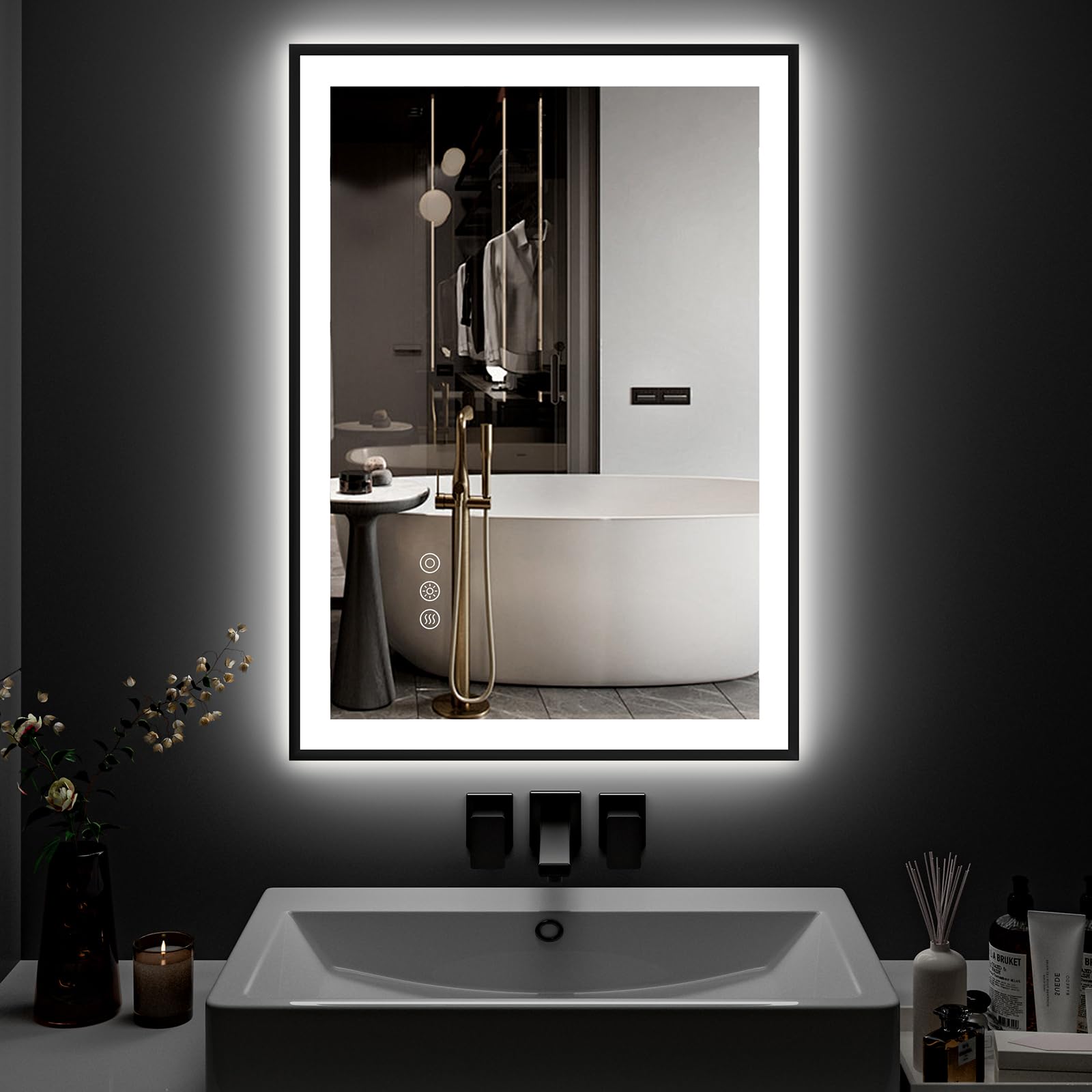 ChillCruiser Espejo de baño LED de 450 x 600 mm con marco negro, luz frontal y retroiluminada, regulable continuamente, antivaho, a prueba de roturas, memoria, espejo de tocador LED de 3 colores