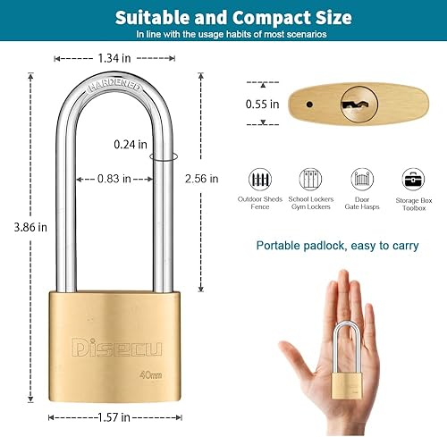 Miniatura 2 de Candado con llave de latón macizo, cuerpo de 1-916 pulgadas de ancho, grillete largo de 2.5 pulgadas de largo, cerradura impermeable para exteriores
