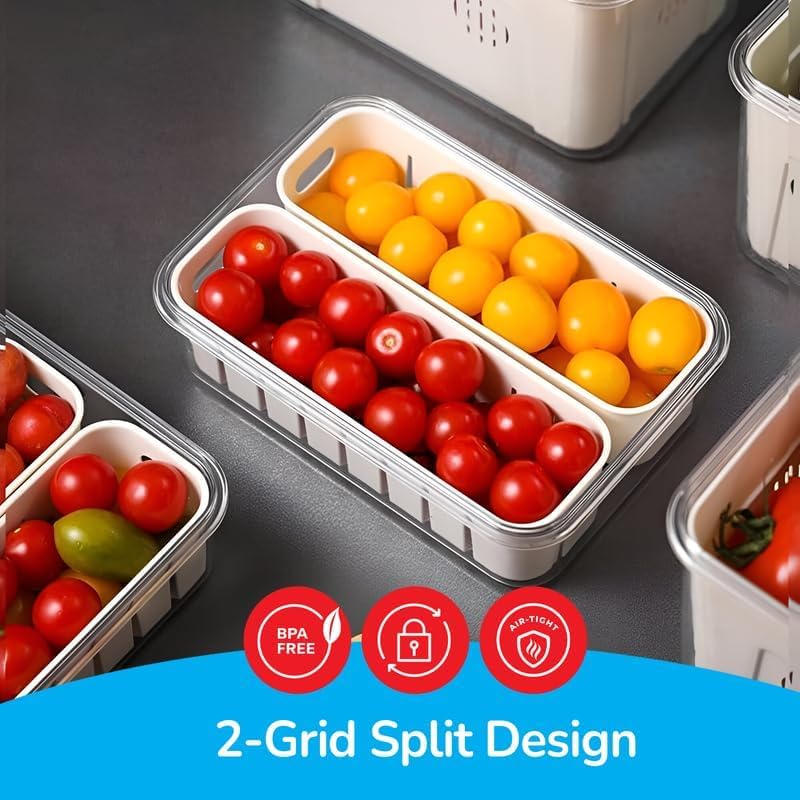 Image of Vasukie Divided Fridge Storage Boxes With 4 Serving Veggie Tray with Lid and Handle, Fridge Organizer with Removable 4 Compartment, Fridge Storage Containers (4PC Combo)
