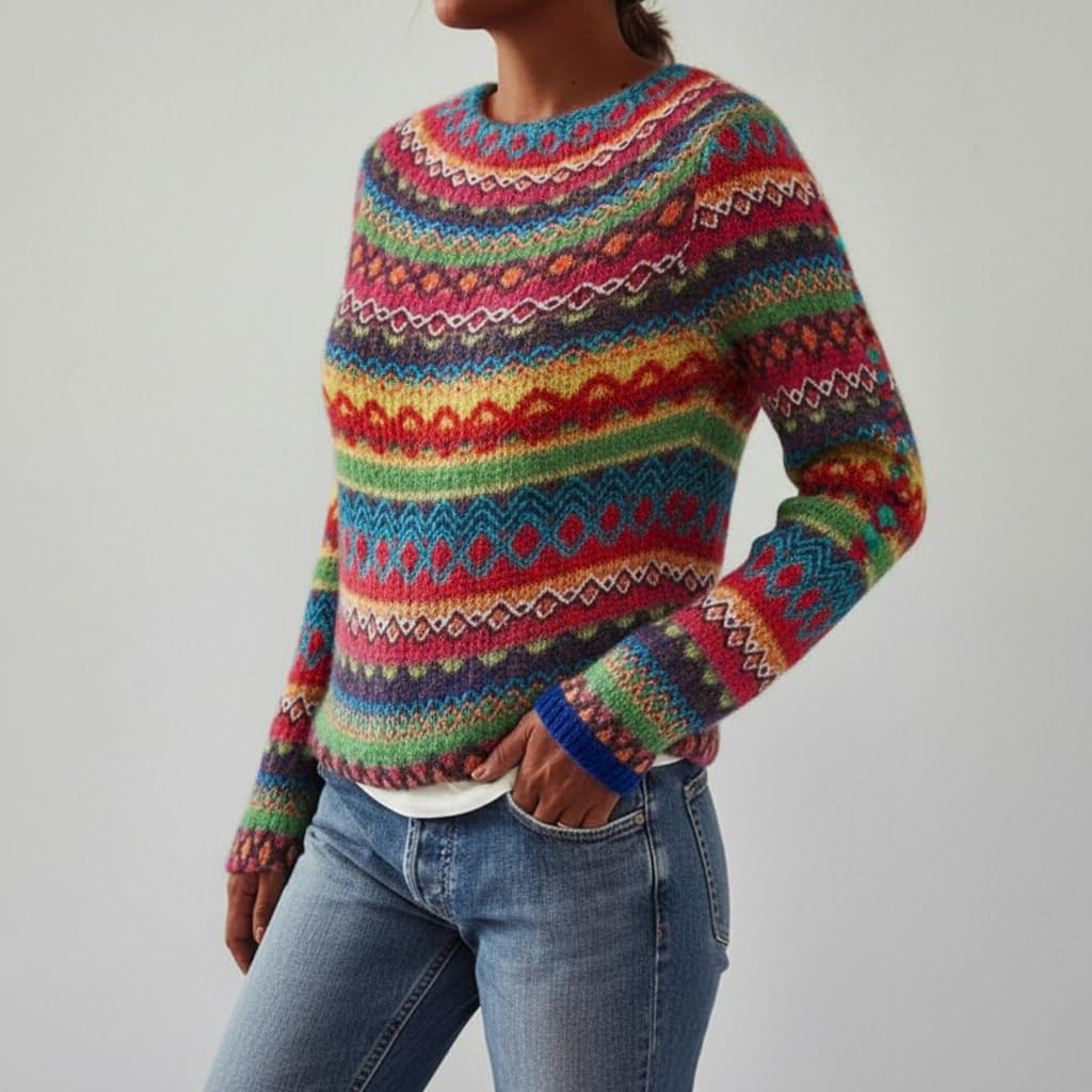 Akivide Women's Pullover Colorful Argyle Vintage Fair Isle Sweaters Casual Loose Long Sleeve Boho Knit Sweater Jumper Tops, Small