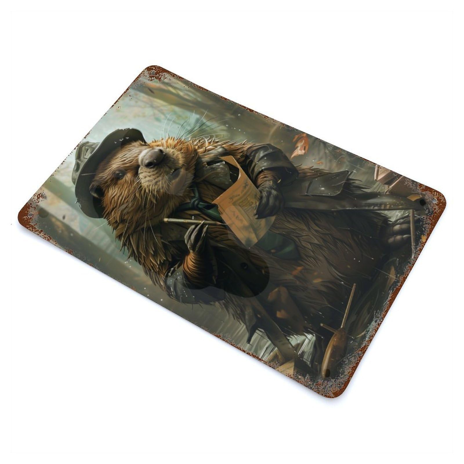 Beaver Detective Wildlife Rustic Tin Plaque 11.8"x7.9", for Shed, Workshop And Garage Wall Decor, Shabby Chic Decor