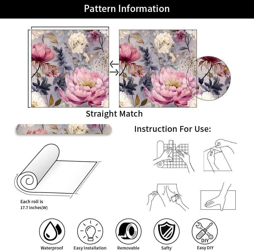REDAMANCY Boho Purple White Peonies Flower Vintage Peel and Stick Wallpaper Vintage Wall Paper Stick on Contact Paper Easy Peel Off for nightstand Drawer Renter Friendly 17.7"x236"