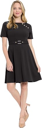 London Times Womens Short Sleeve Boat Neck Fit and Flare Dress - Professional Work Dresses for Wedding Guests