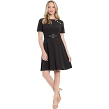 London Times Women's Short Sleeve Boat Neck Fit and Flare Dress - Professional Work Dresses for Wedding Guests