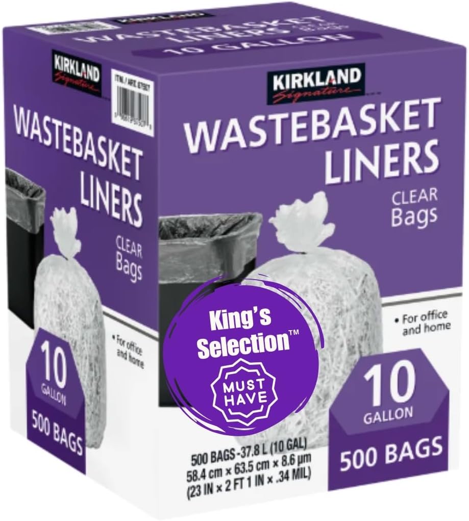 King's Selection x Kirkland Signature 10 Gallon Clear Plastic Trash Bags, 23 x 25 Inches, 0.34 Mil, 125/Roll, 4 Rolls/Case (500 Bags Total, Family Bundle packaging)