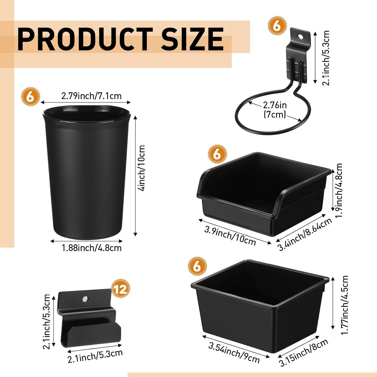 GlikCeil 18 Sets Slatwall Accessories Bins Cups with Hook Slatwall Wall Organizer Tool Holder Steel Cups Set Slat for Garage Craft Workshop Office Storage(Black)