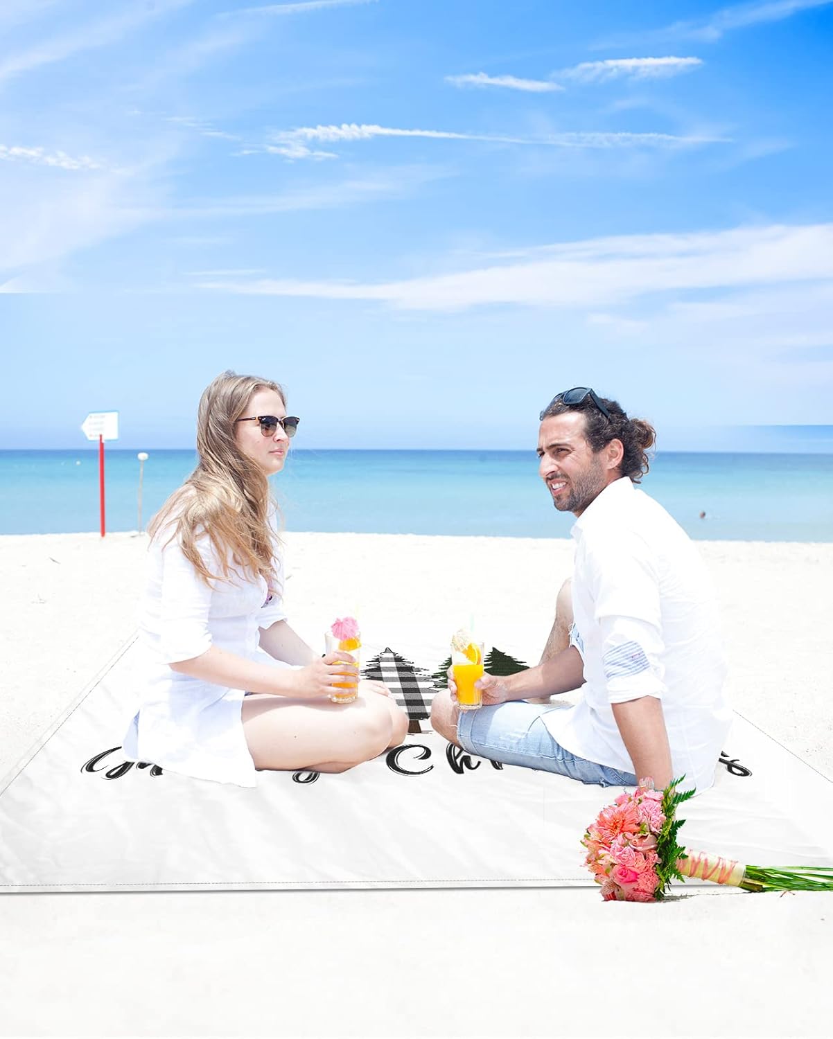 Merry Christmas Buffalo Plaid Tree Beach Blanket Waterproof Sandproof Outdoor Picnic Mat 108"x84" Green Black and White Lightweight Large Beaach Blankets with 4 Stake & 4 Corner Pockets